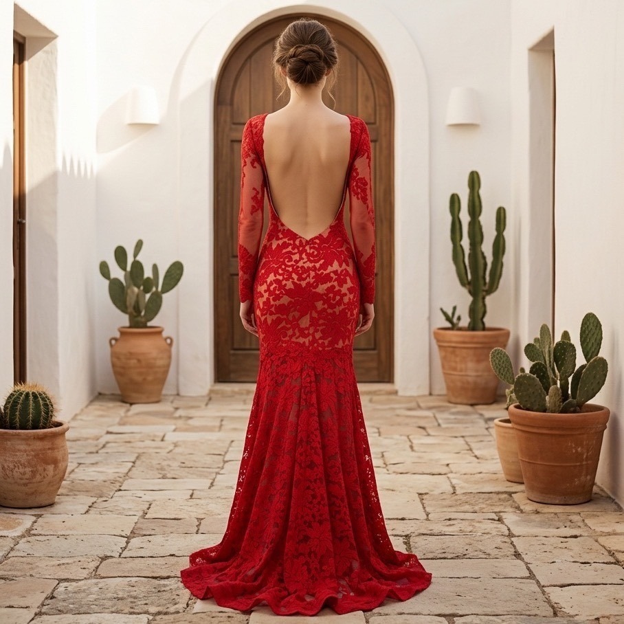 Nwt Red Lace Backless Mermaid Evening Gown Long Sleeve S/6 Romantic Whimsigoth